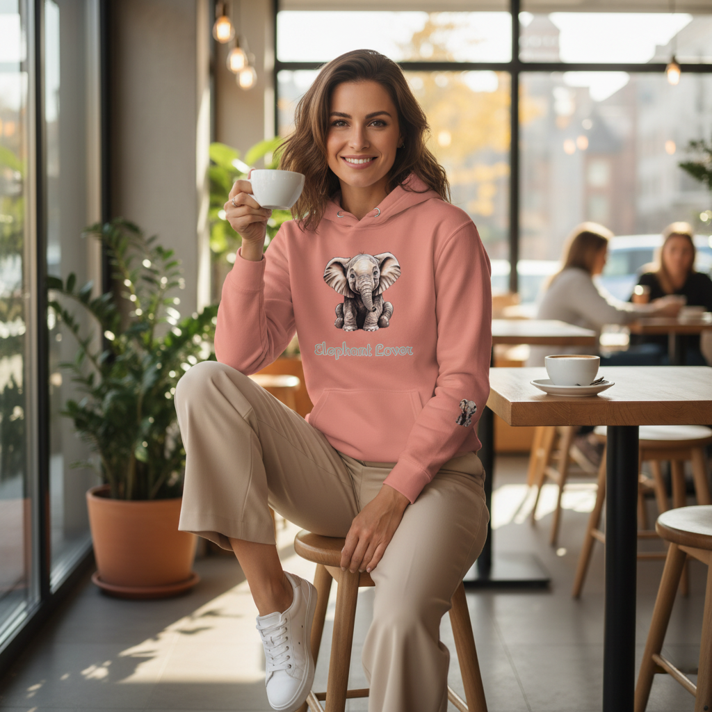 Dusty rose elephant hoodie beige wide-leg trousers white sneakers elegant casual