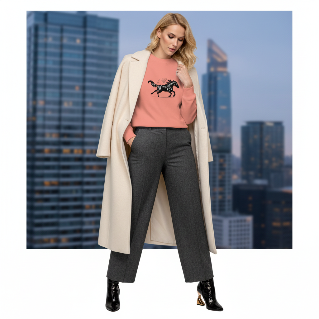 Elevated casual style dusty rose sweatshirt with running horse design - Luxury streetwear paired with tailored trousers and elegant coat for sophisticated outfit