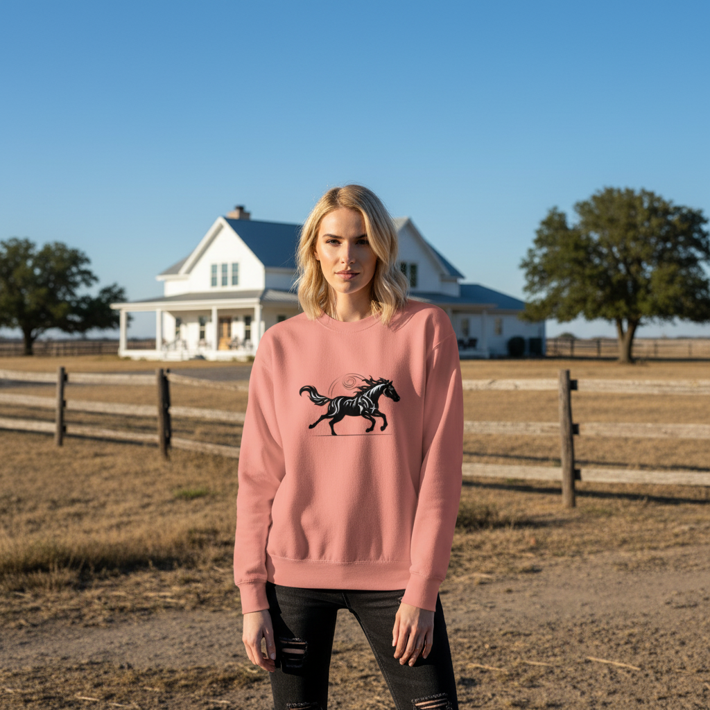 Modern ranch woman in dusty rose sweatshirt with horse design - Premium casual wear styled for contemporary western lifestyle