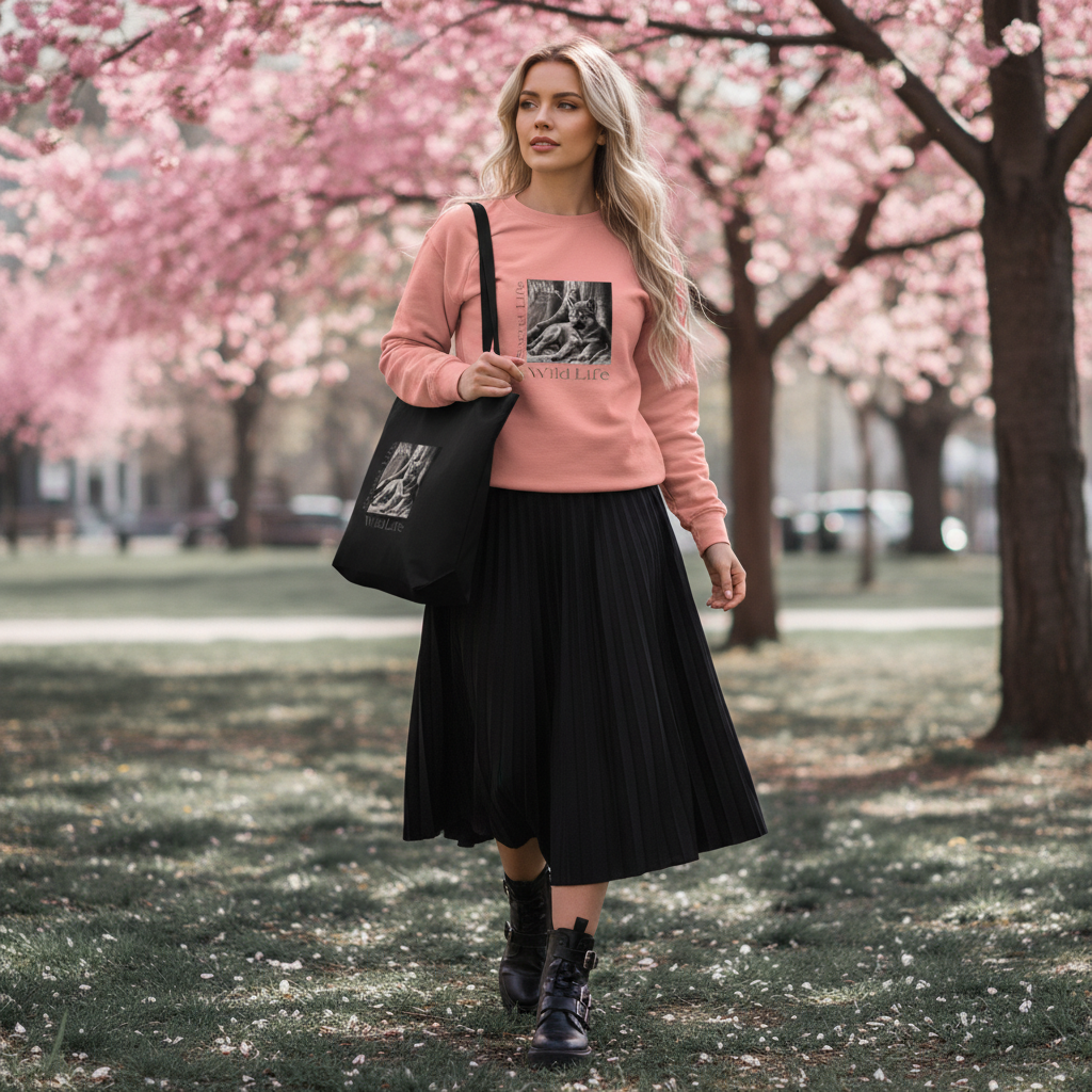 Dusty rose wolf sweatshirt black pleated skirt wolf tote bag feminine edgy