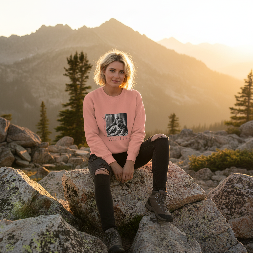 Dusty rose wolf sweatshirt short blonde hair woman mountains