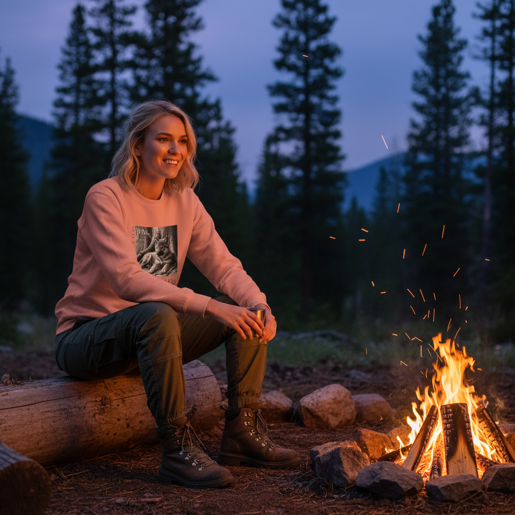 Dusty rose wolf sweatshirt woman cargo pants campfire
