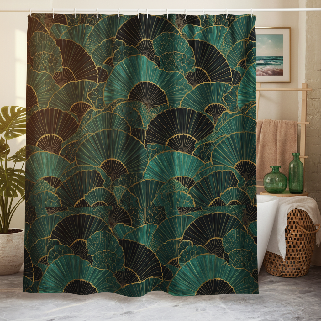 Elegant bathroom with teal shower curtain and plants