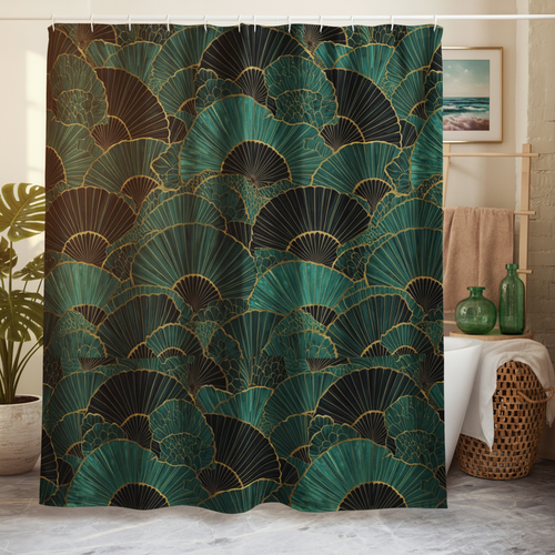 Elegant bathroom with teal shower curtain and plants