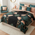Elegant bedroom from overhead with black peach teal gold botanical comforter pattern