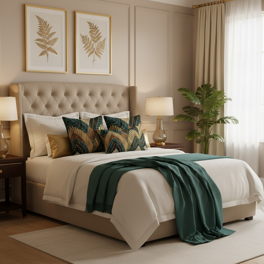 Elegant beige bedroom with layered art deco pillows in various sizes
