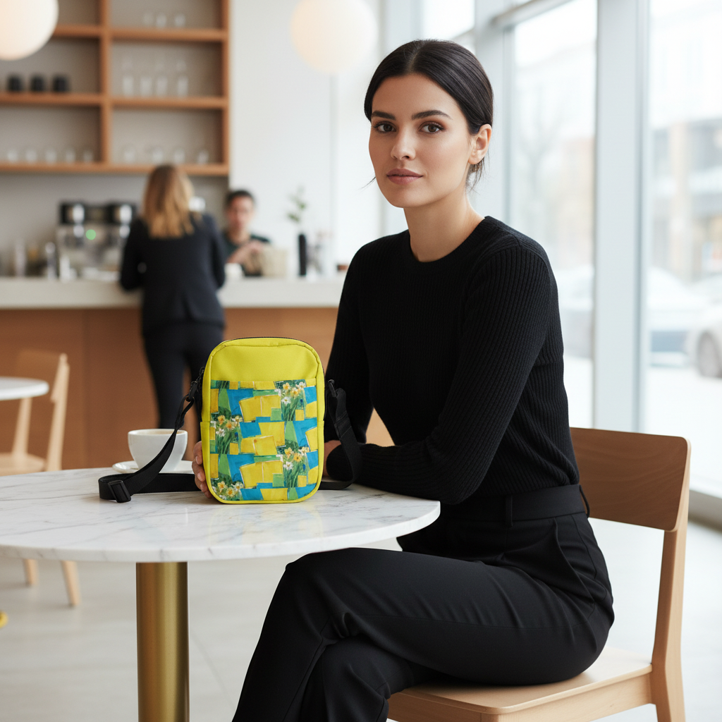 Elegant black outfit with yellow bag at café