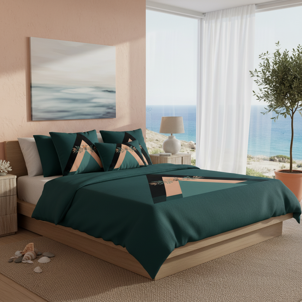 Elegant coastal bedroom with peach accent wall and botanical print pillows