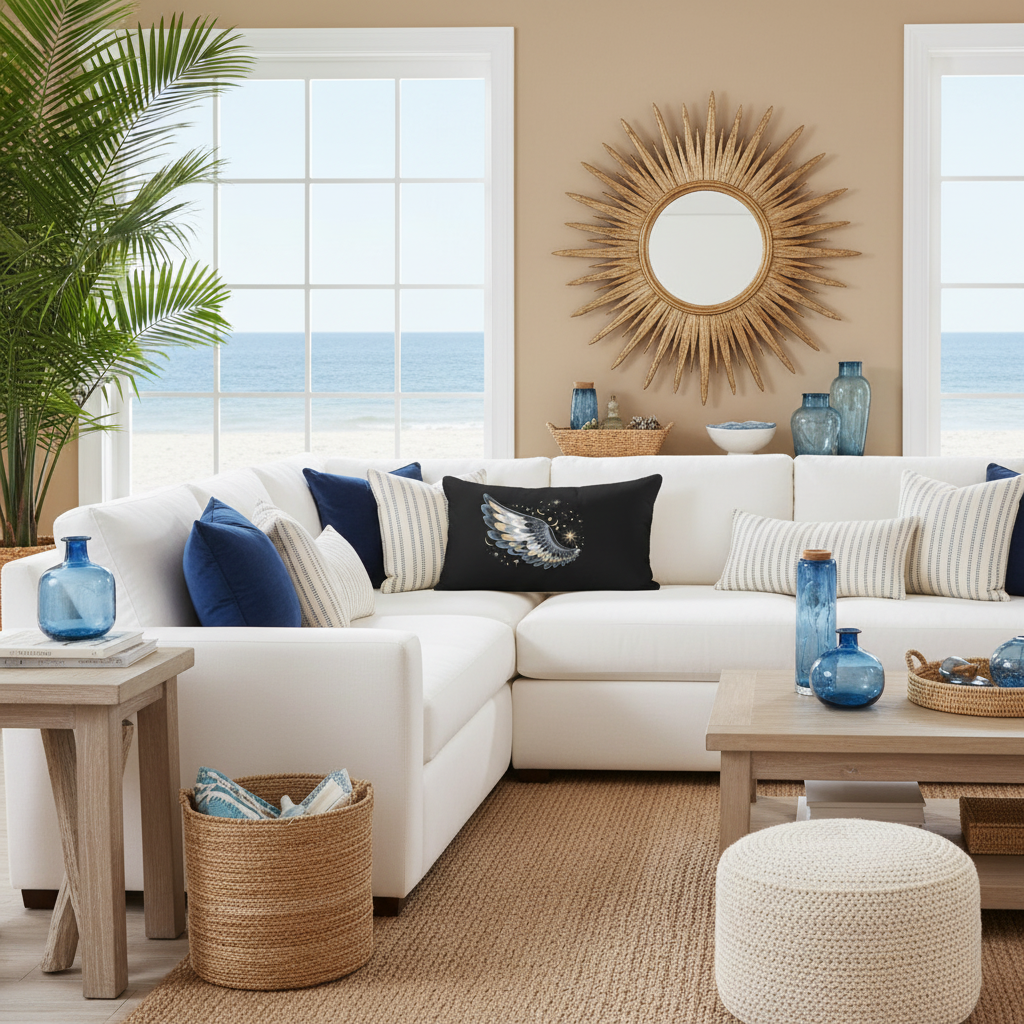Elegant coastal living room with oblong lumbar wing pillow