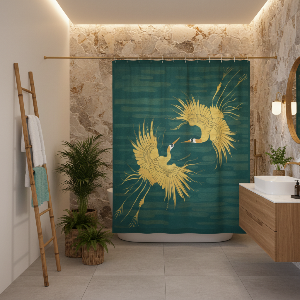 Elegant contemporary bathroom with teal and gold crane shower curtain natural stone and tropical plants