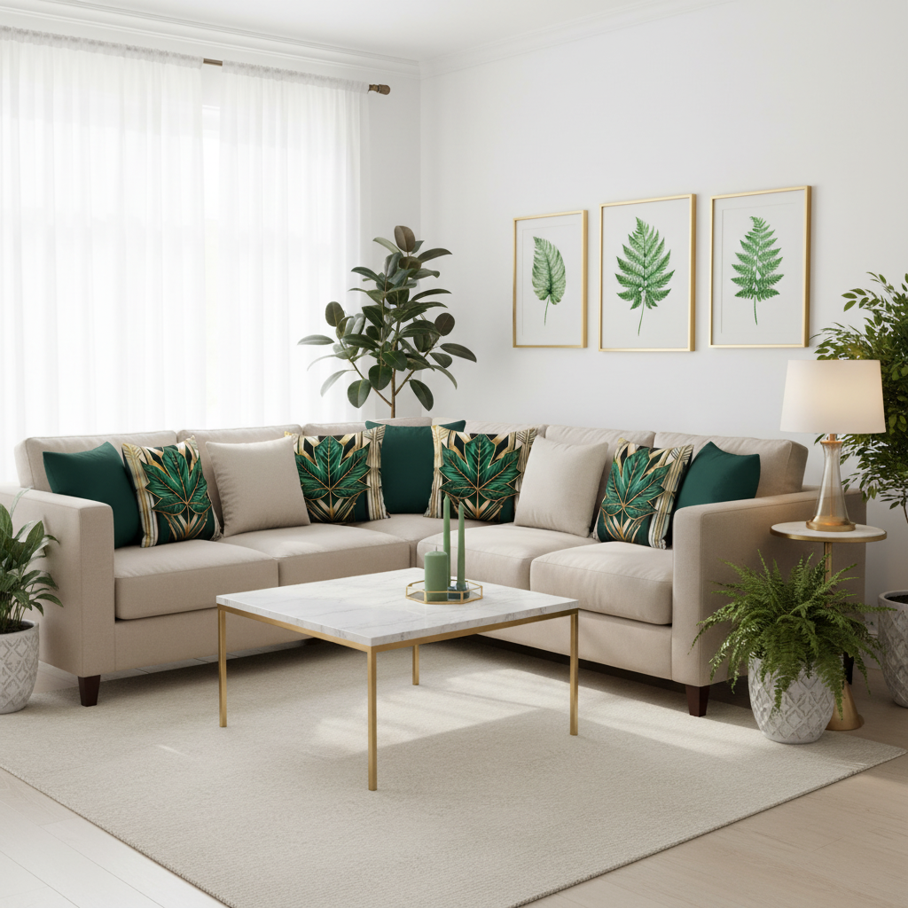 Elegant corner sectional with many maple leaf pillows and plants