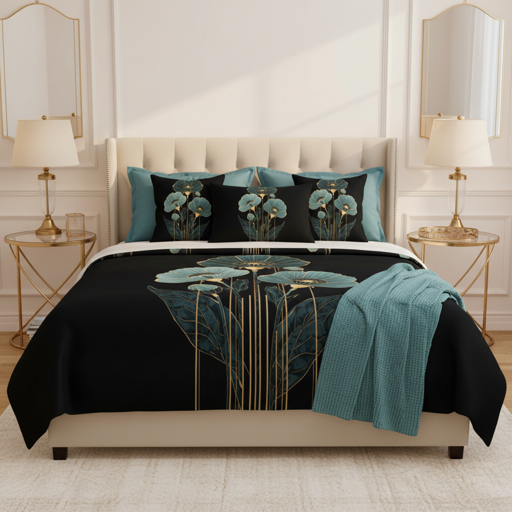 Elegant cozy bedroom with black teal gold floral comforter and decorative pillows