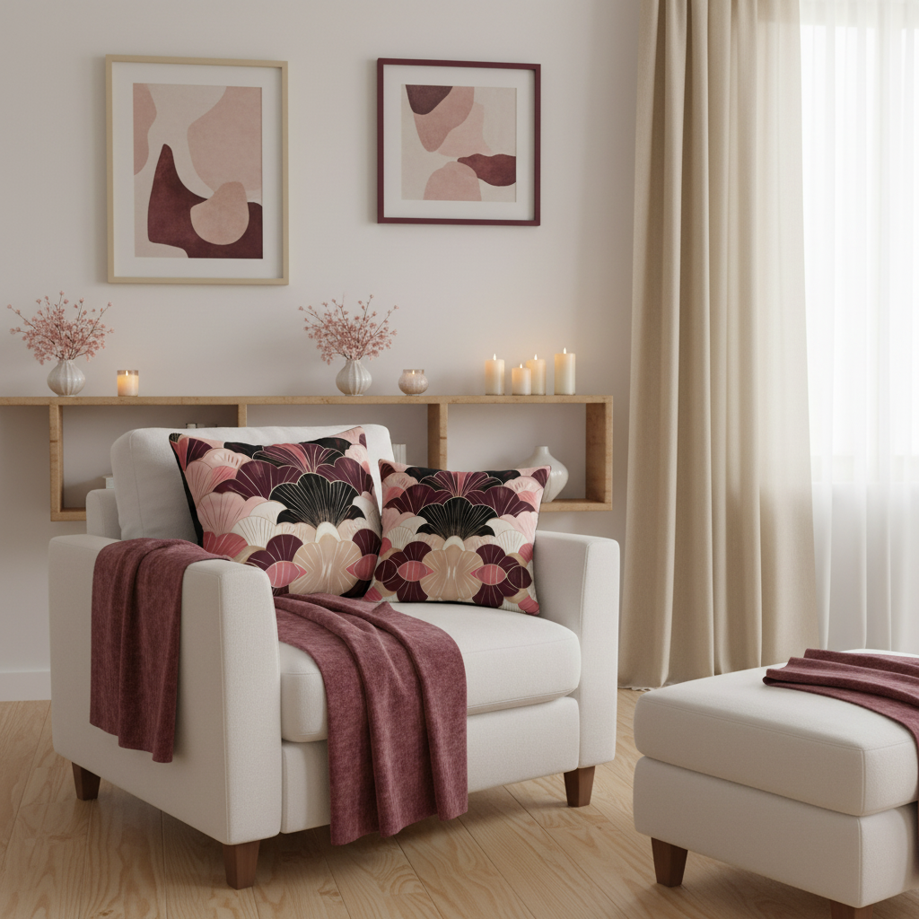 Elegant cozy warm living room with white armchair, burgundy beige pink geometric pillows, beige flowing curtains, beige and burgundy framed paintings, pink flowers, warm lighting