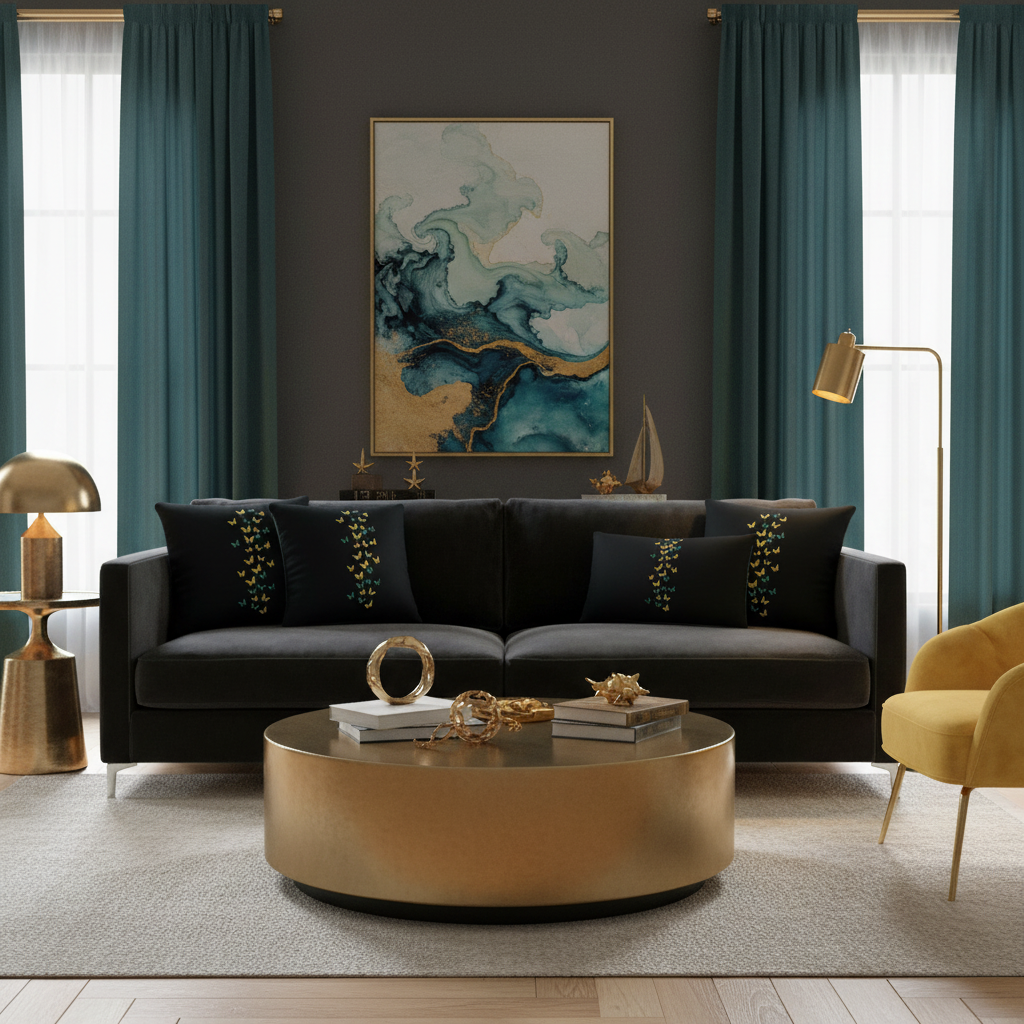 Elegant dark coastal living room with black velvet sofa, butterfly print pillows and teal curtains