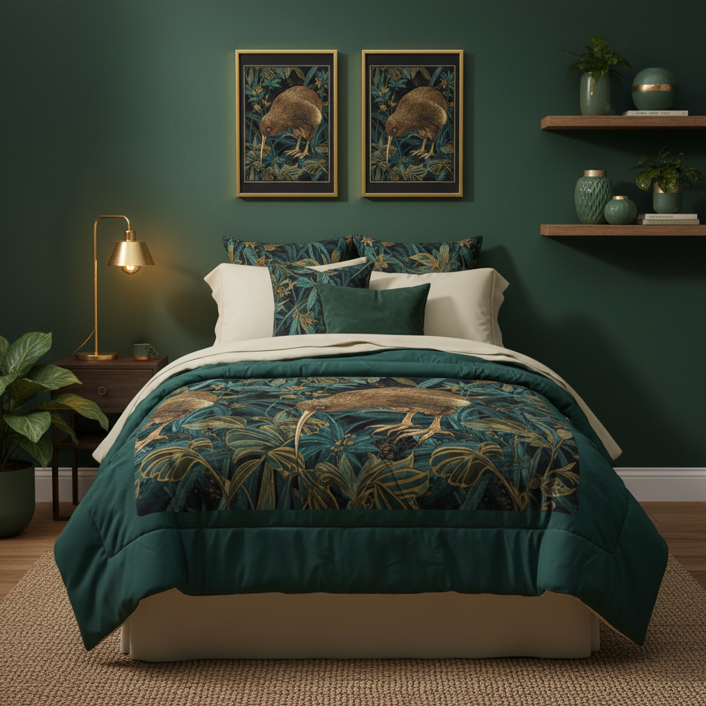 Elegant dark green bedroom featuring kiwi bird comforter with coordinating green walls and botanical decor