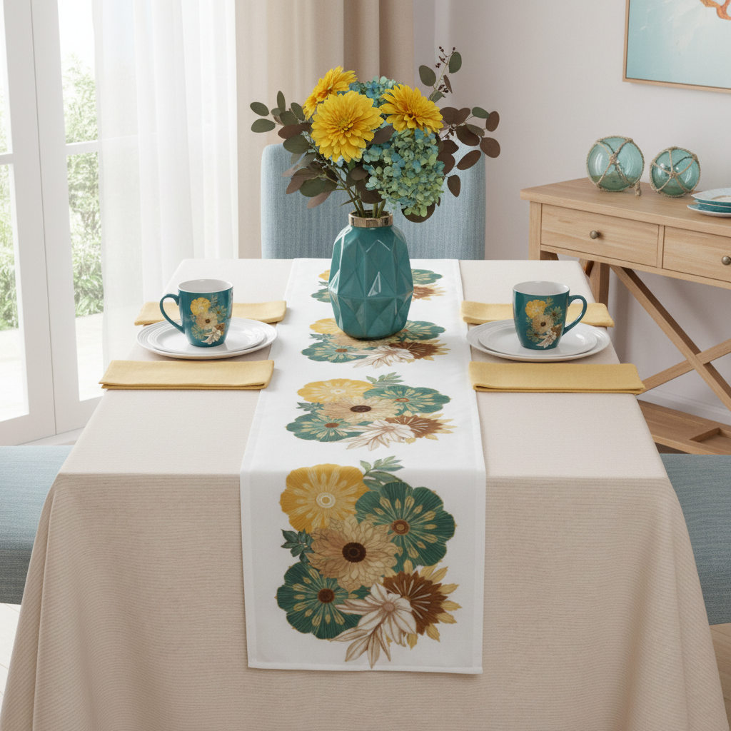 Elegant dining table with floral table runner and mugs in coastal style