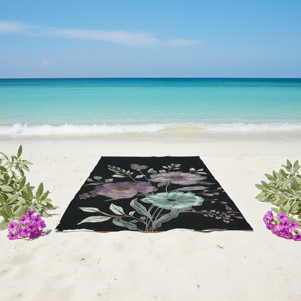 Elegant floral beach towel spread on pristine sand showcasing botanical design, crystal clear turquoise water, tropical atmosphere