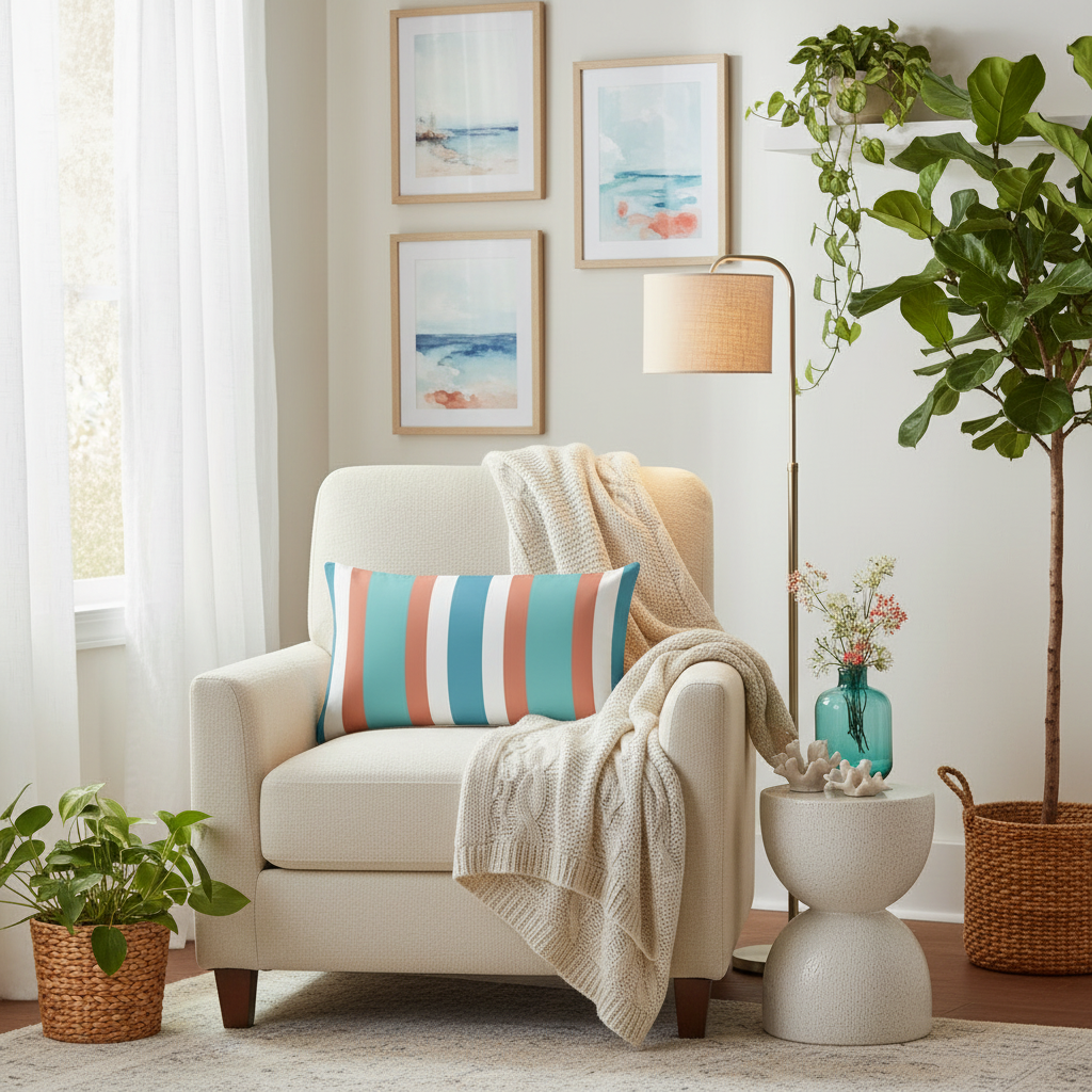 Elegant Italian coastal living room with striped pillow and coastal paintings