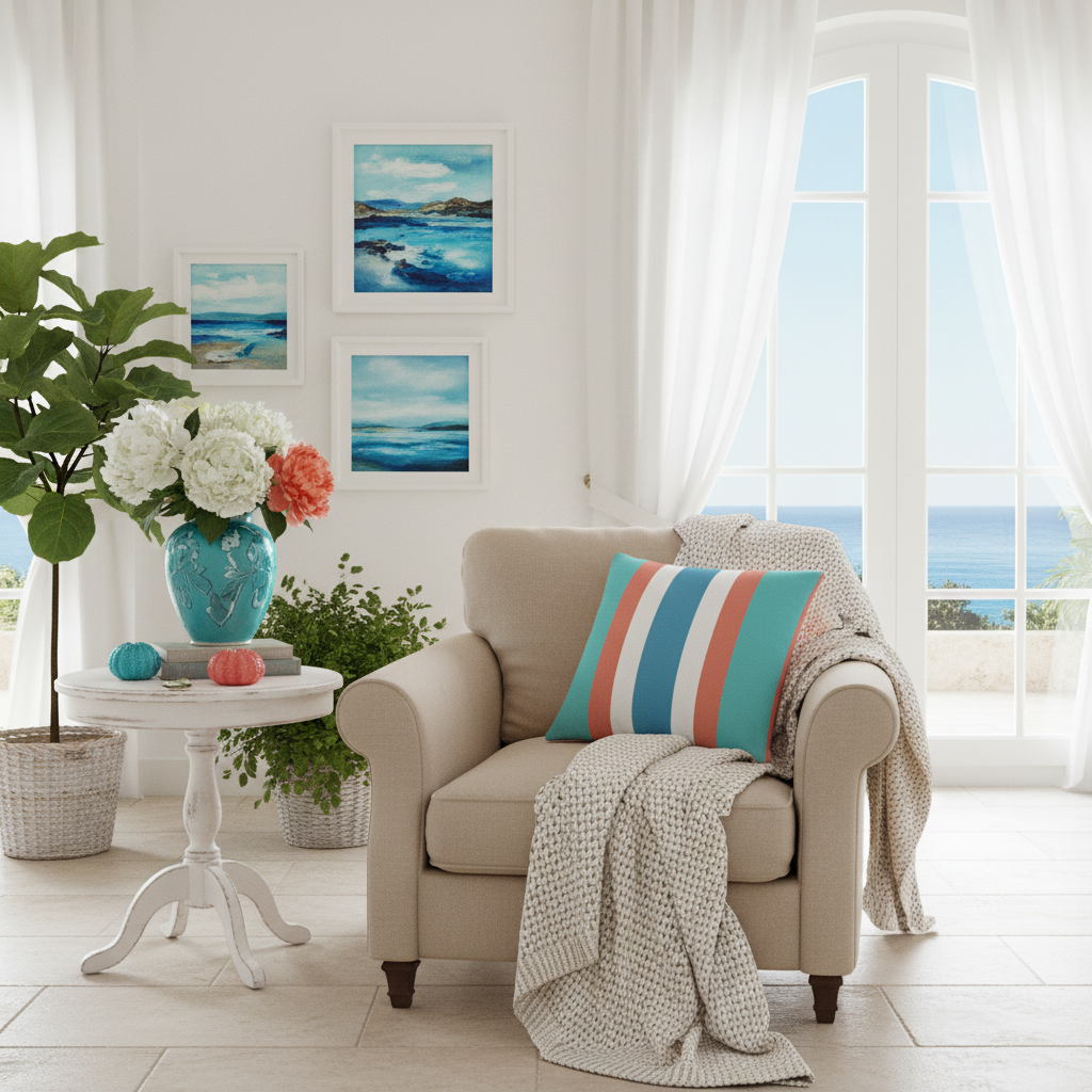 Elegant Italian coastal living room with striped square pillow and coastal paintings