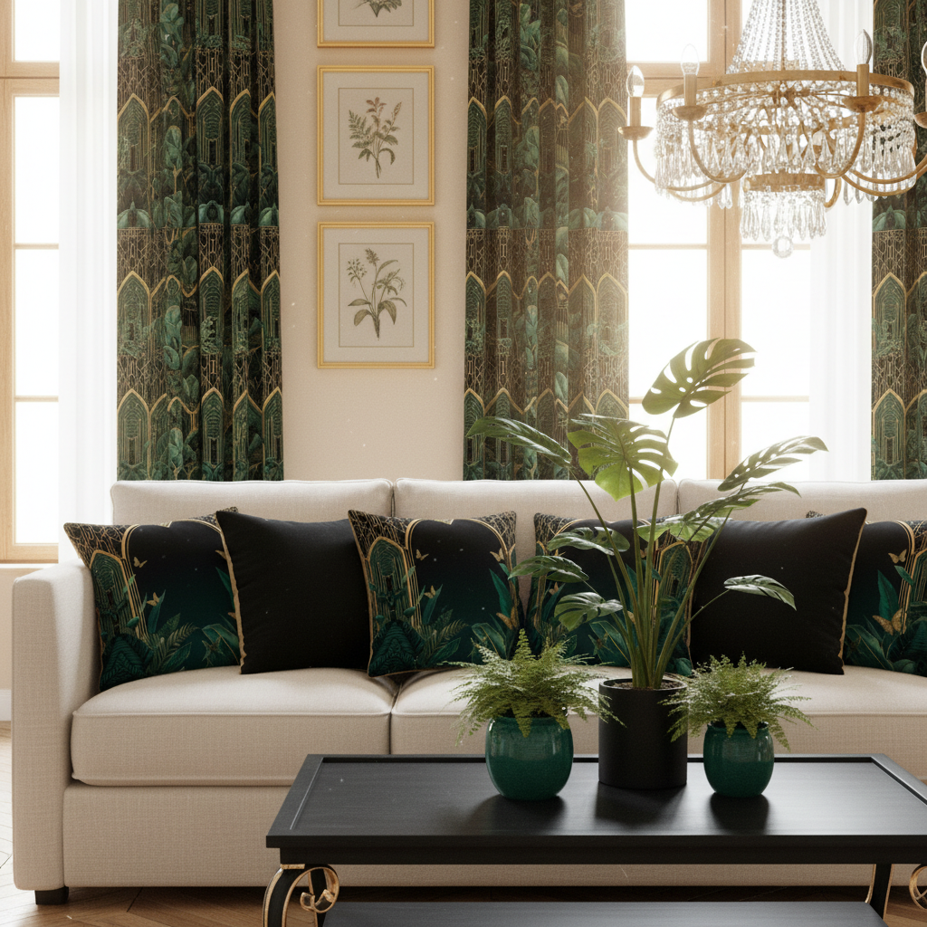 Elegant living room with Emerald Plants pillows mix