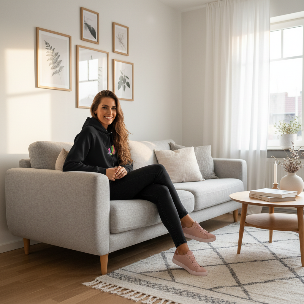 Elegant long-haired woman in black hoodie with pink sneakers in bright cozy living room with art prints and curtains