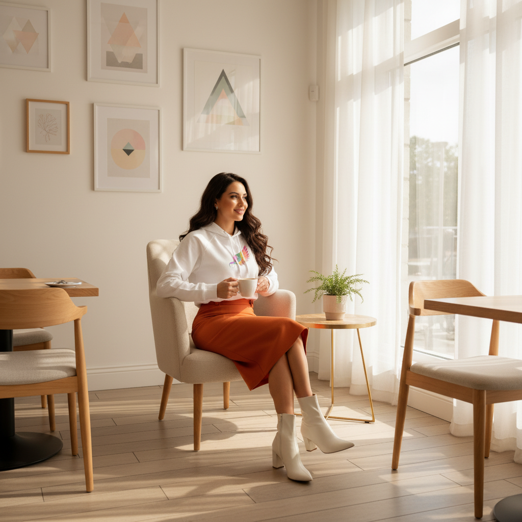 Elegant long-haired woman in white rainbow hoodie with orange pencil skirt in bright cozy restaurant