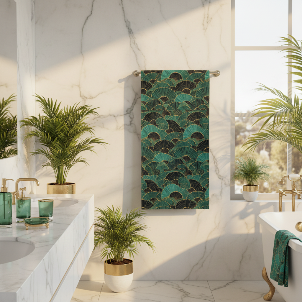 Elegant luxury bathroom with emerald towel and marble