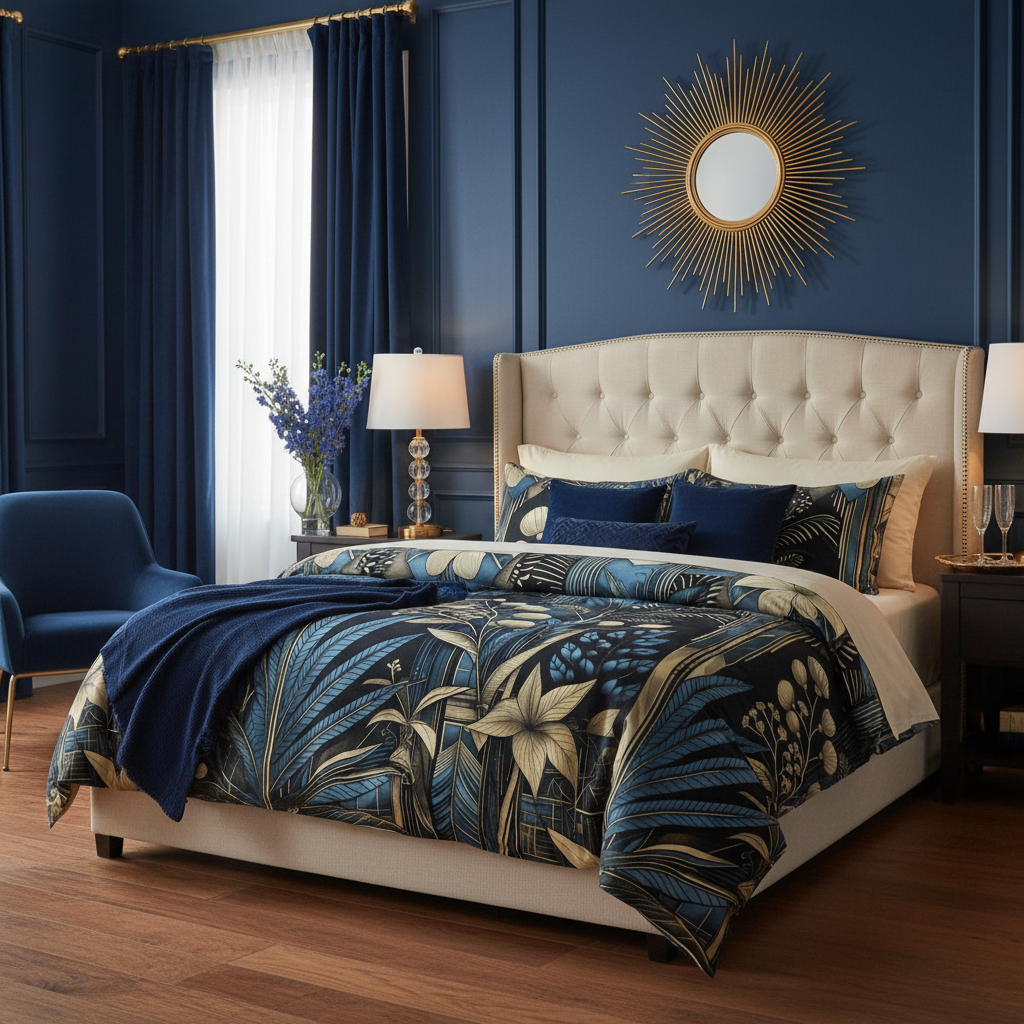 Elegant midnight blue and gold bedroom with botanical duvet cover