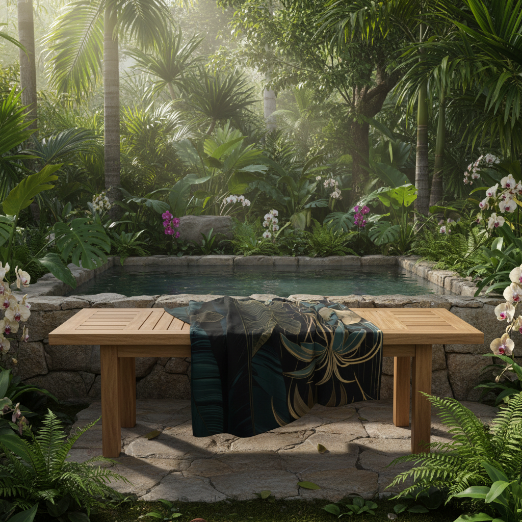 Elegant outdoor bathroom oasis with emerald green and gold tropical beach towel on teak bench