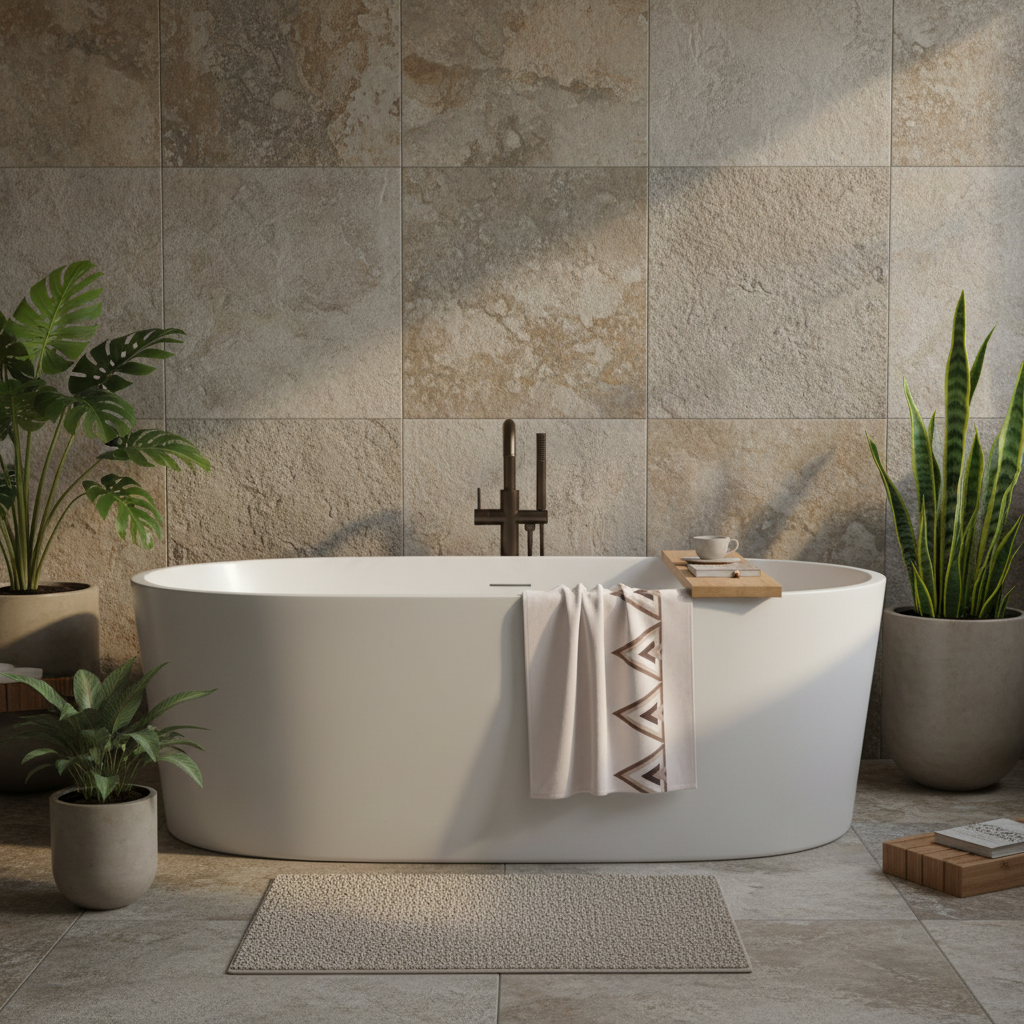 Elegant spa bathroom with beige geometric triangle towel