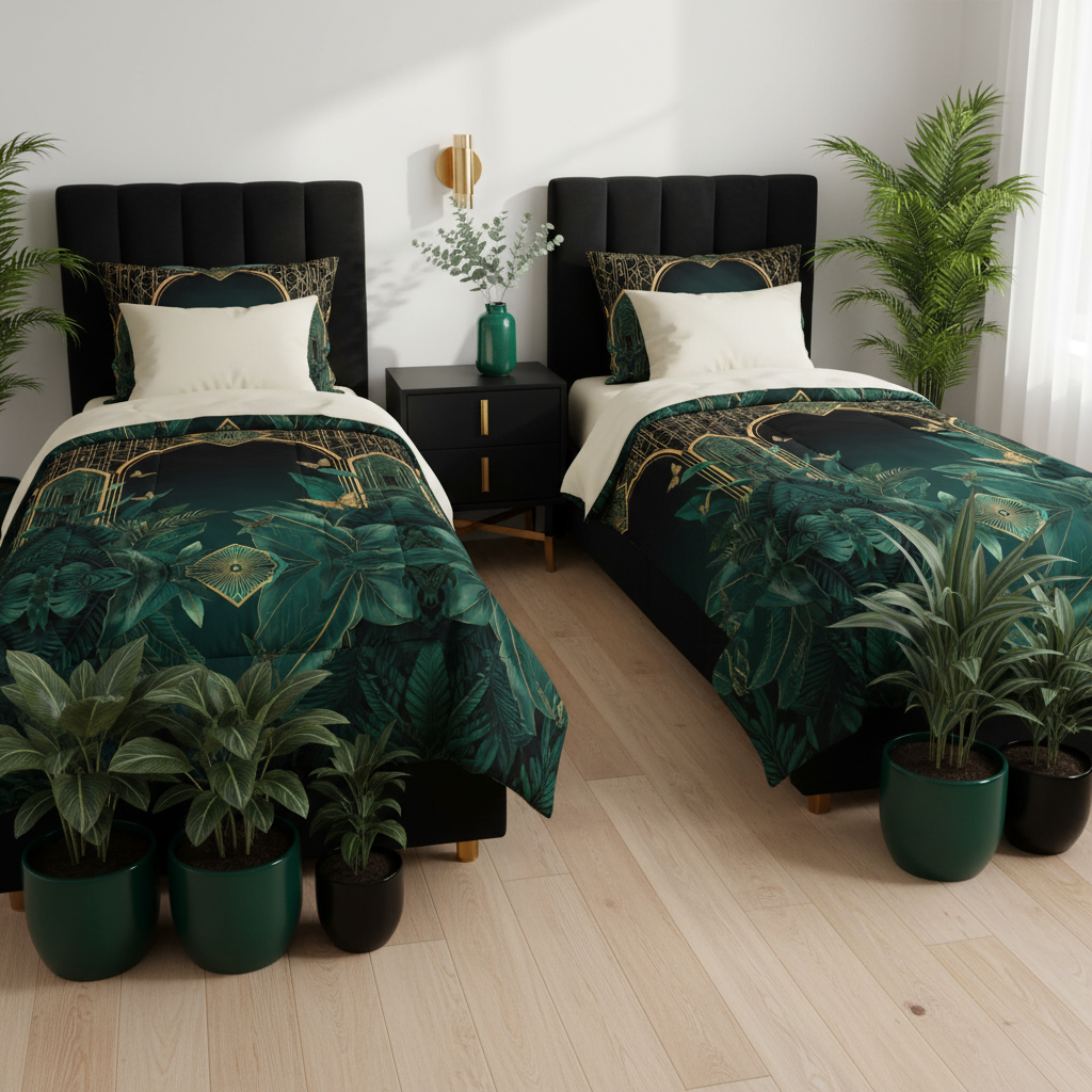 Elegant twin bedroom with Emerald Plants duvet and tropical plants