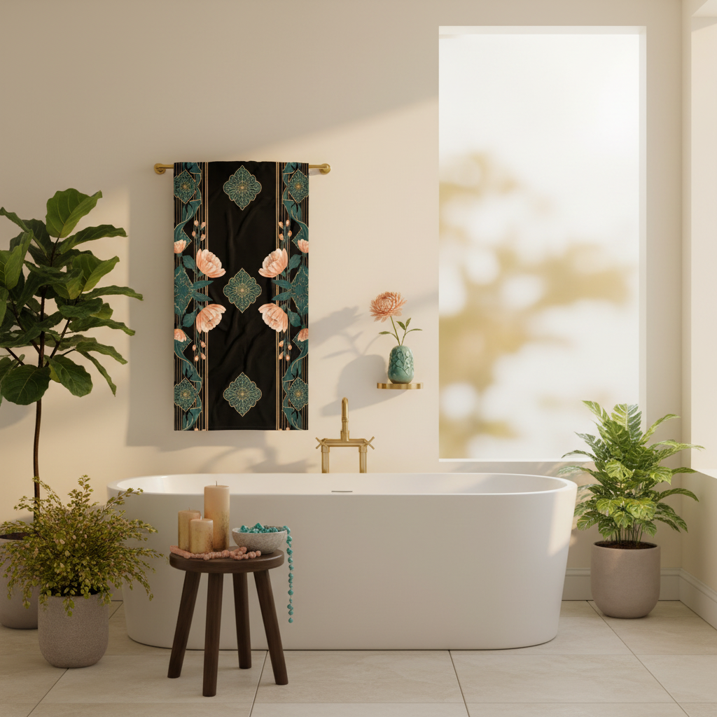 Elegant wellness bathroom with black peach teal floral beach towel on gold rack