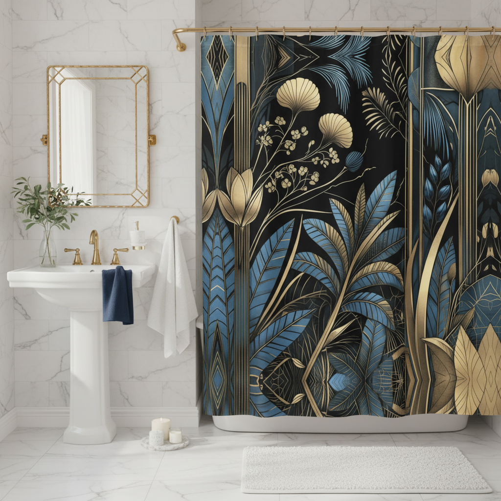 Elegant white and gold bathroom with Art Deco shower curtain