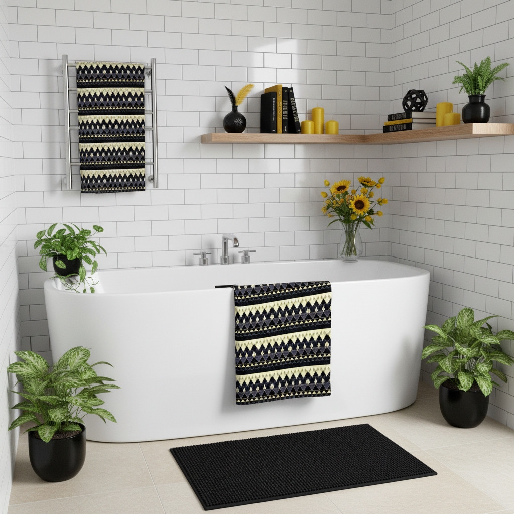 Elegant white bathroom with black and yellow geometric triangle towel and accessories