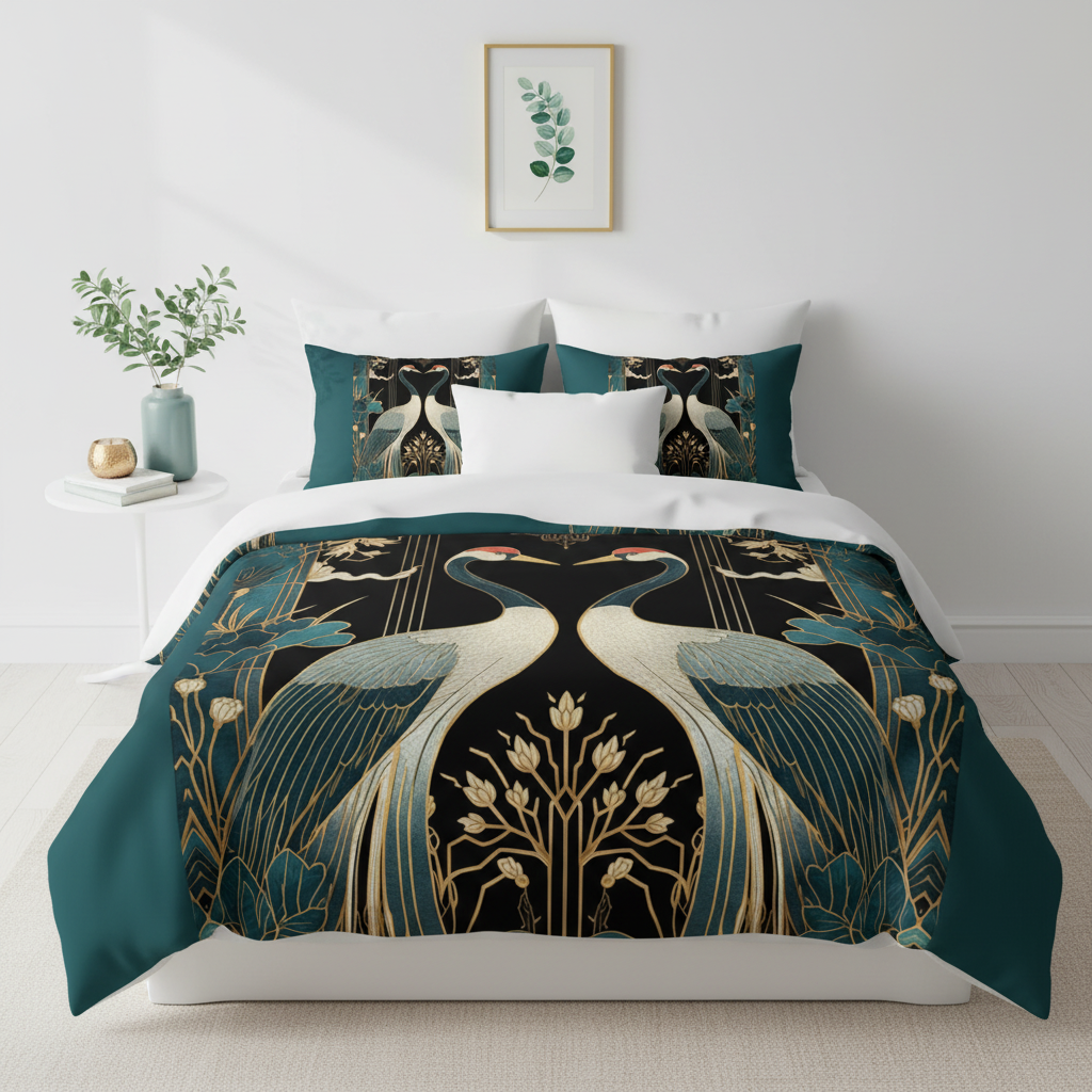 Elegant white bedroom overhead with crane birds duvet