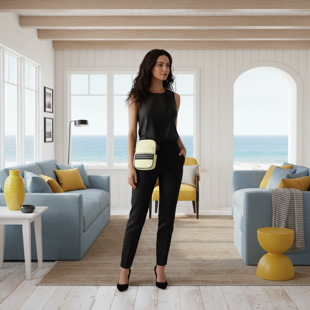 Elegant woman carrying yellow black geometric crossbody bag in coastal interior