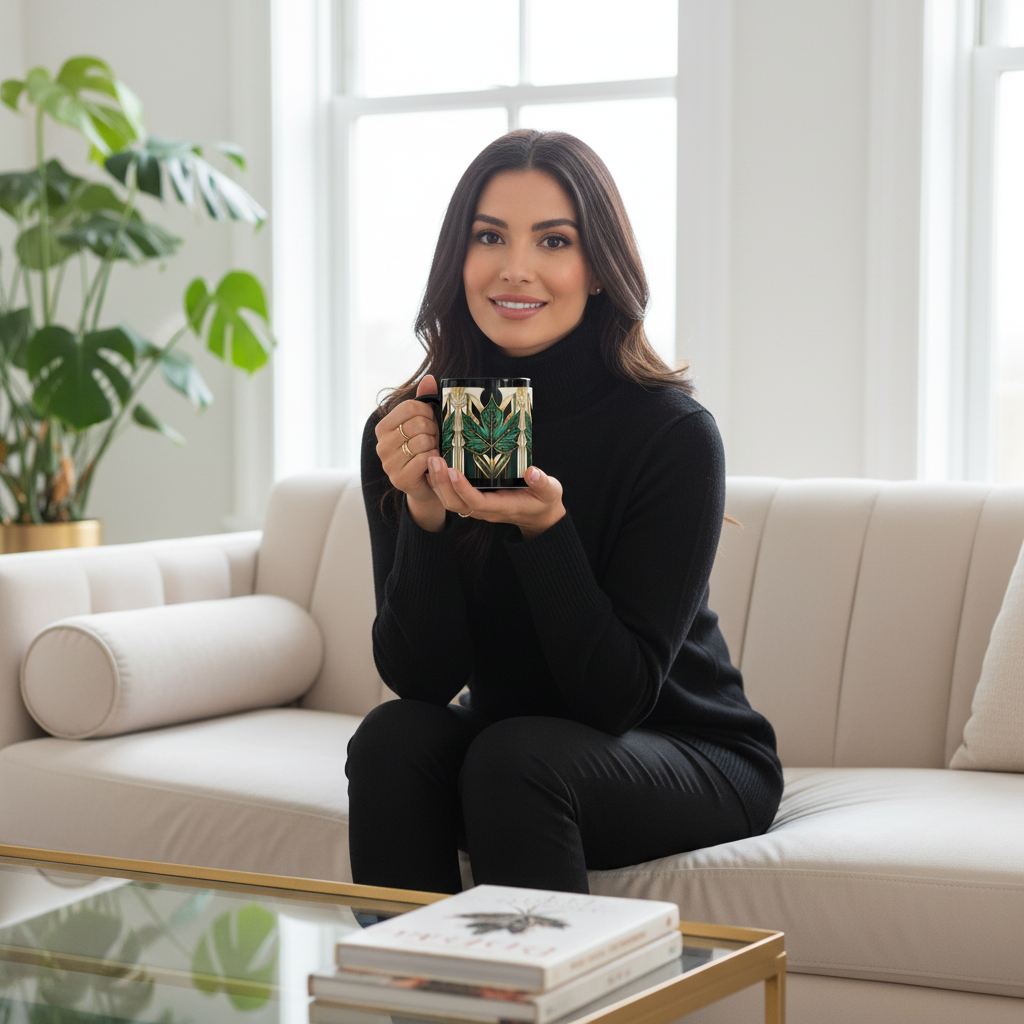 Elegant woman in black holding maple leaf mug in living room