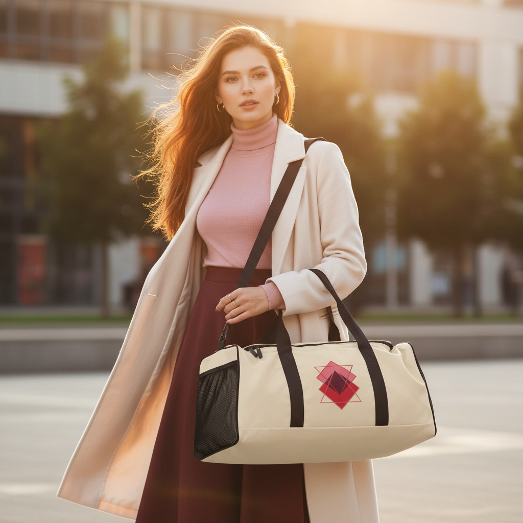 Elegant woman in burgundy midi skirt and pink turtleneck carrying geometric pattern duffle