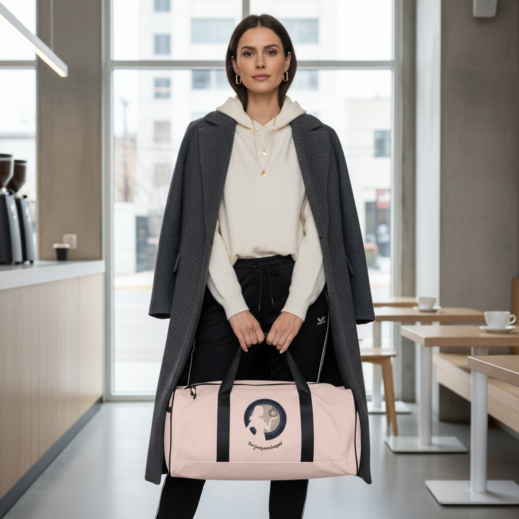 Elegant woman in cashmere hoodie and tailored coat with black and white travel duffle bag