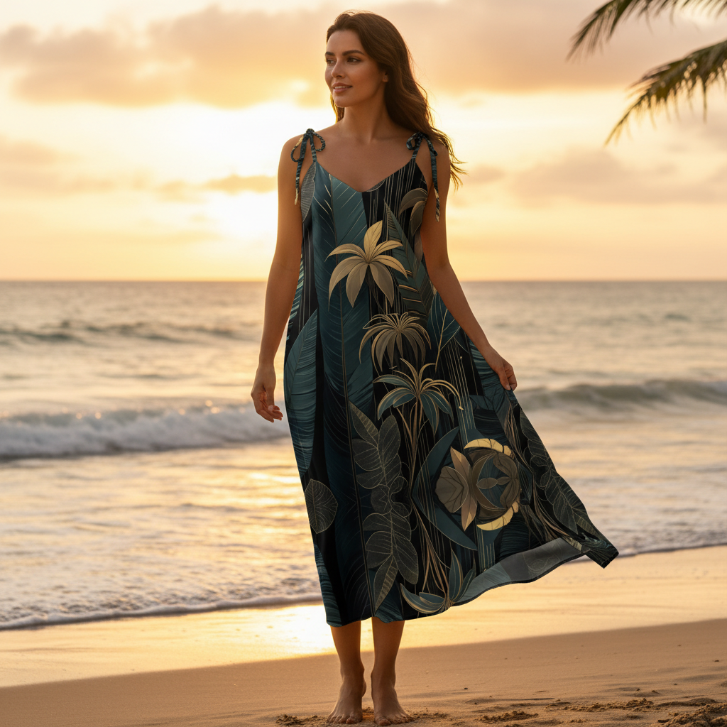 Elegant woman in emerald green and gold tropical slip dress by ocean at sunset