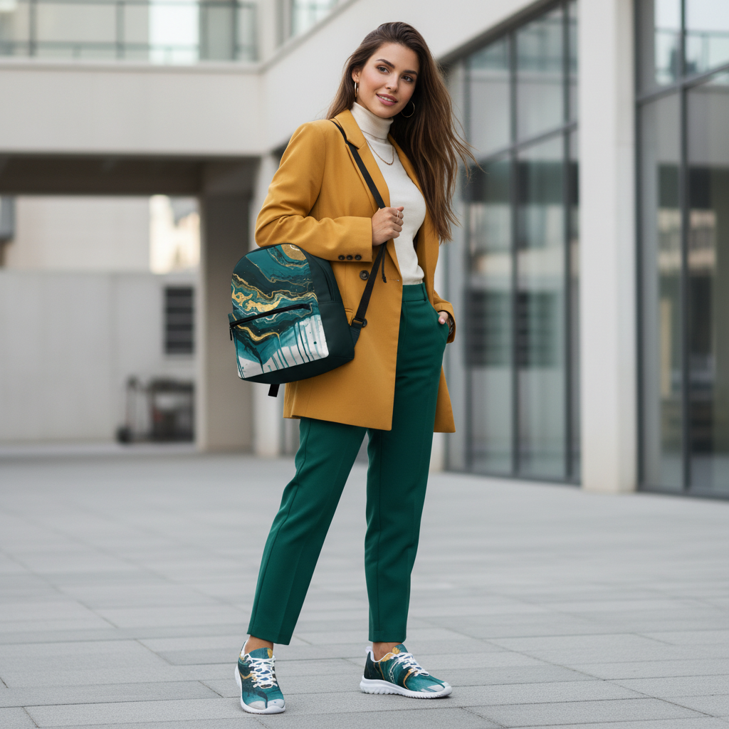 Elegant woman in teal trousers gold blazer with matching abstract shoes and backpack