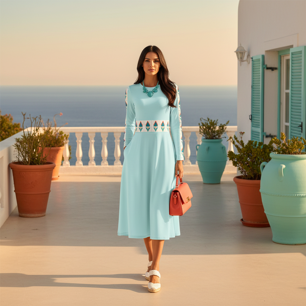 Elegant woman in turquoise geometric dress with precise triangle bands, white espadrilles and coral bag on coastal villa terrace with matching turquoise shutters