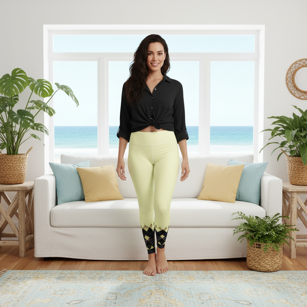 Elegant woman in yellow leggings with black shirt knotted on sofa