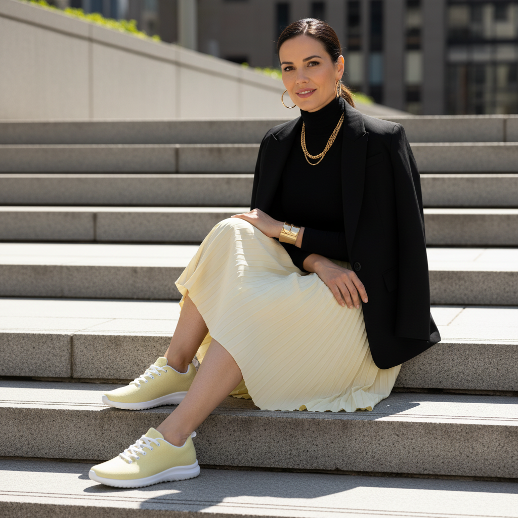 Elegant woman in yellow pleated skirt black turtleneck blazer with yellow athletic shoes