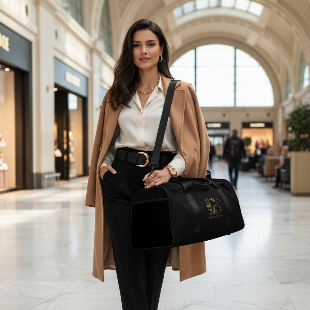 Elegant woman traveler in black and gold outfit at luxury airport with panther duffle bag