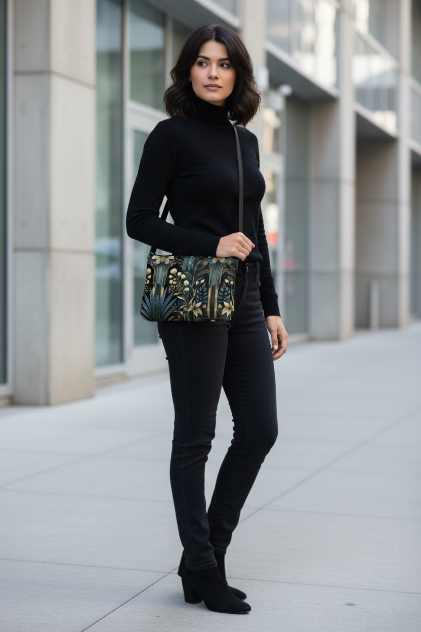 Elegant woman with midnight botanical crossbody bag in black outfit