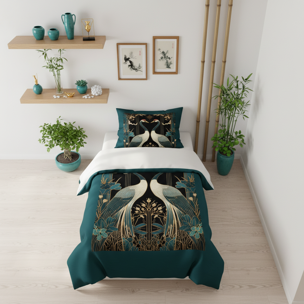 Elegant zen bedroom from above twin bed with Asian decor