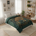 Elevated perspective of kiwi bird botanical comforter in inviting bedroom with framed art and natural textures