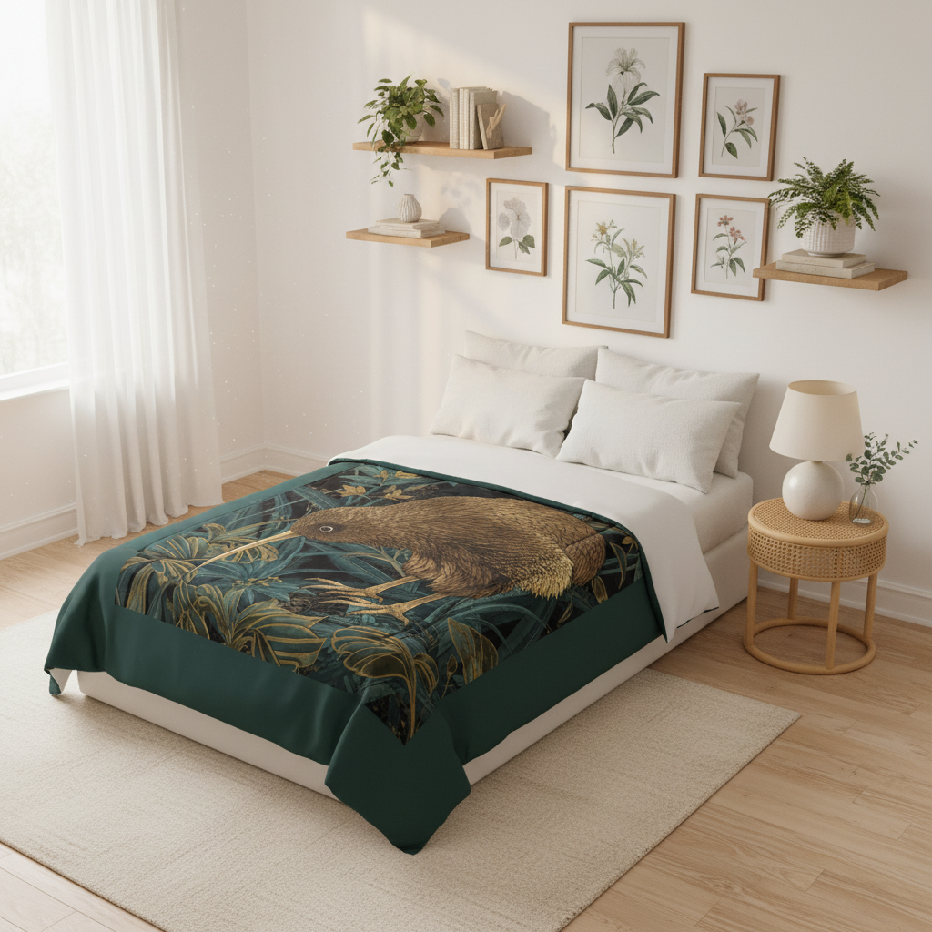 Elevated view of luxurious kiwi bird comforter in cozy bedroom with botanical gallery wall and natural decor