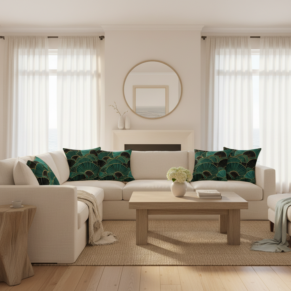 Emerald fan pillows on coastal sofa